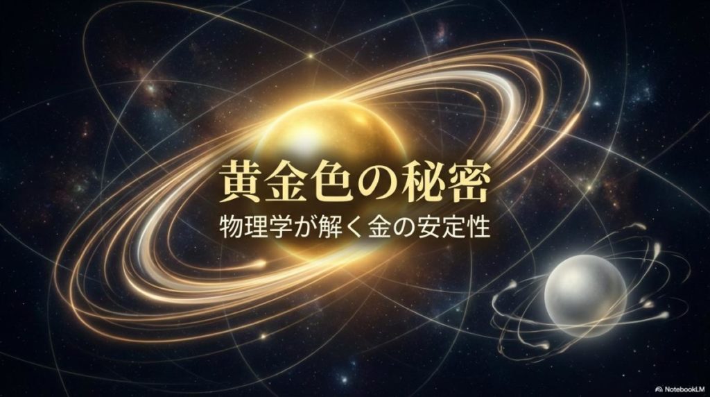 光速で動く電子が金の原子核の周りを描く抽象的なイラスト。この記事のテーマである「金 錆びない 理由」を象徴する一枚。
