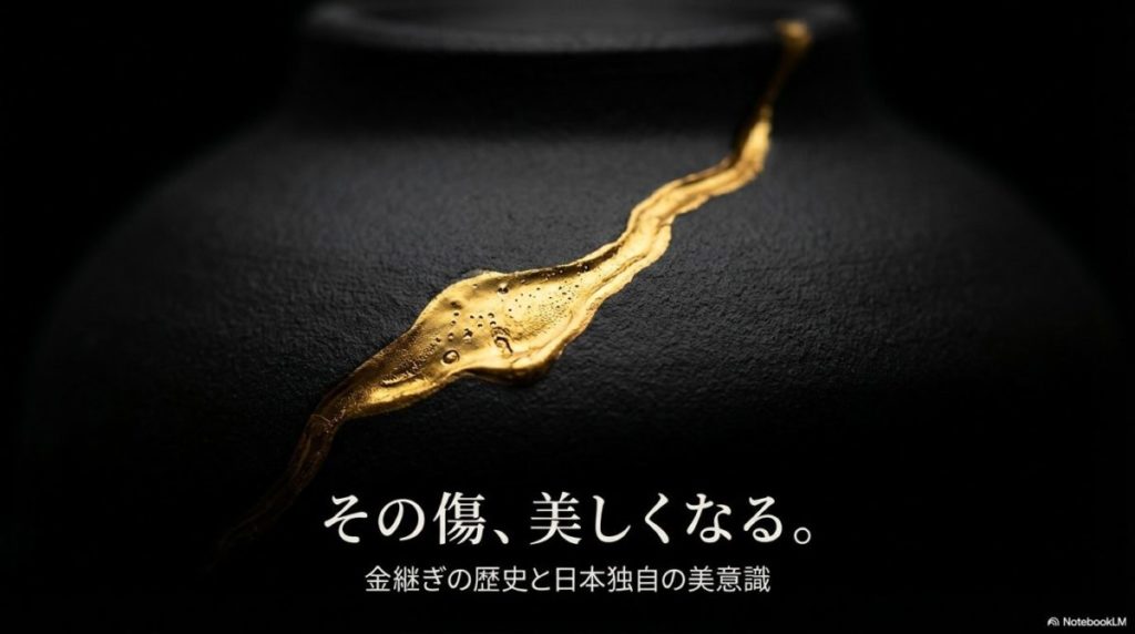 暗い背景に置かれた黒い陶器の金継ぎをアップで写した、フォトリアルな写真。この記事のテーマである「金継ぎの歴史と中国との関係」を、傷を美に変える日本独自の美学として象徴する一枚。