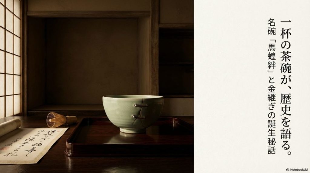 茶室のような空間に置かれた名碗「馬蝗絆」の写真。この記事のテーマである「金継ぎの歴史と中国との関係」を、茶の湯文化の中で生まれた物語として象徴する一枚。
