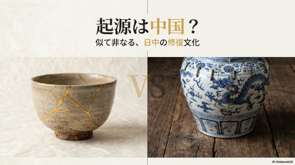 左に日本の「金継ぎ」、右に中国の「锔瓷」が並べられた比較画像。この記事のテーマである「金継ぎの歴史と中国との関係」について、二つの文化の違いを視覚的に問いかける一枚。