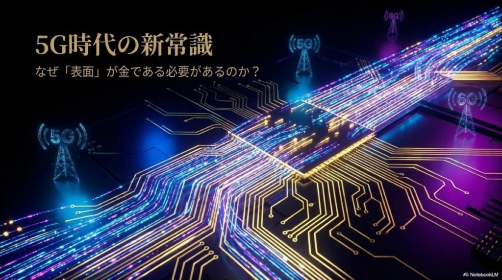 金色の回路基板の表面を高周波信号が流れていく未来的なイラスト。この記事のテーマである「金 電気伝導率 なぜ」が高周波技術における表皮効果と関係していることを示す一枚。