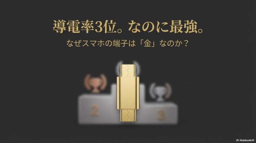 3位の表彰台に立つ金色のUSBコネクタのイラスト。この記事のテーマである「金 電気伝導率 なぜ」という逆説的な問いを象徴する一枚。