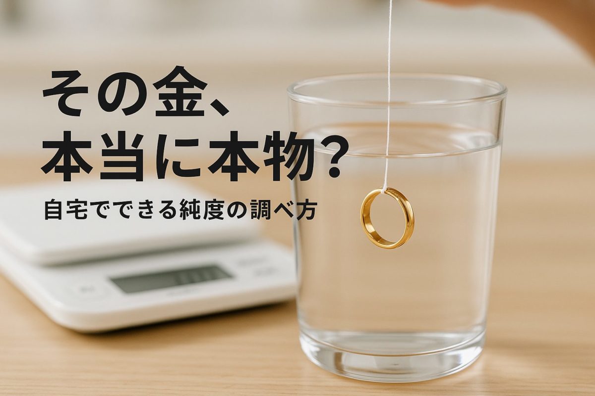 金のリングを水の入ったグラスに沈め、比重を測定しているフォトリアルな画像。この記事のテーマである「金 の 純度 を 水 で 調べ 方」を実践している様子を象徴する一枚。