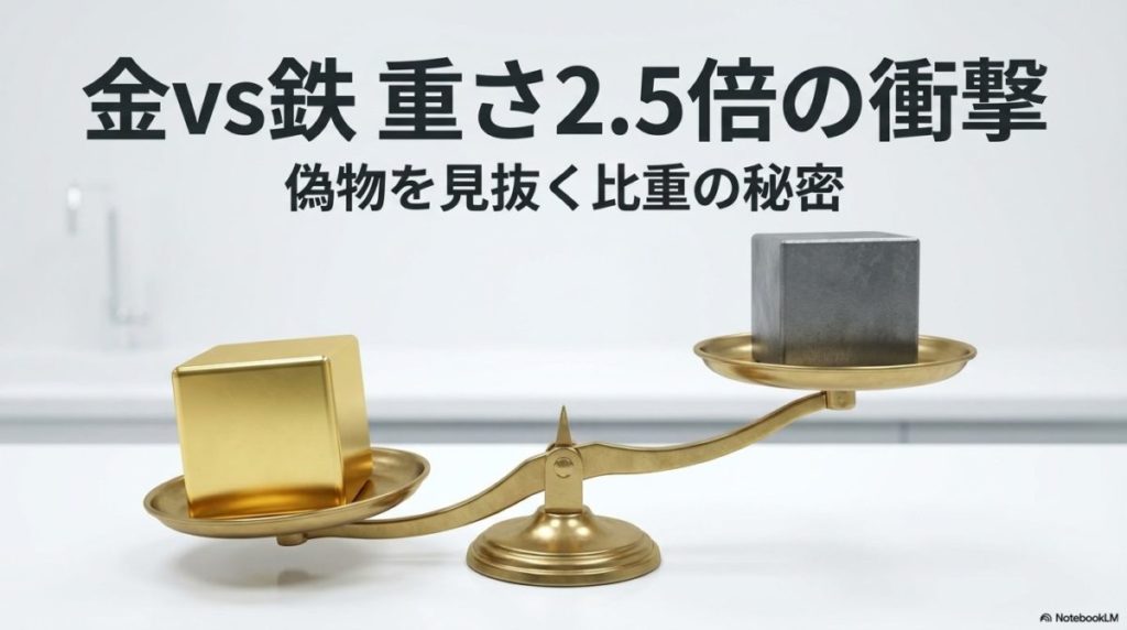 天秤に乗せられた同じ大きさの金塊と鉄塊。金塊が明らかに重い様子を示し、この記事のテーマである「金 鉄 重さ」の物理的な違いと偽物鑑定の重要性を象徴する一枚。