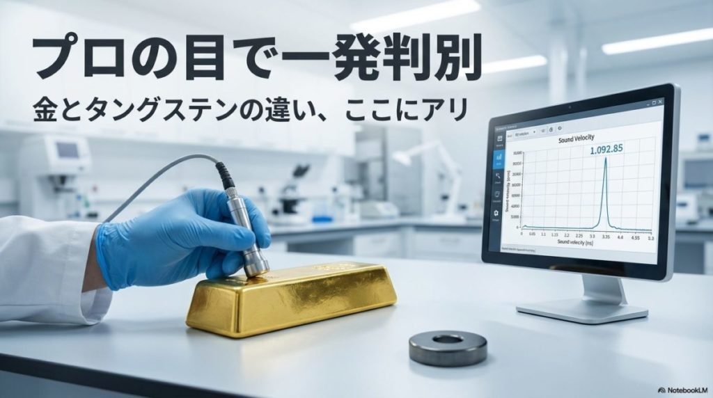 金塊に超音波測定器が当てられ、音速データが表示されている様子。この記事のテーマである「金 鉄 重さ」の文脈で、高度な科学技術を用いた偽物鑑定の解決策と専門性を示す一枚。