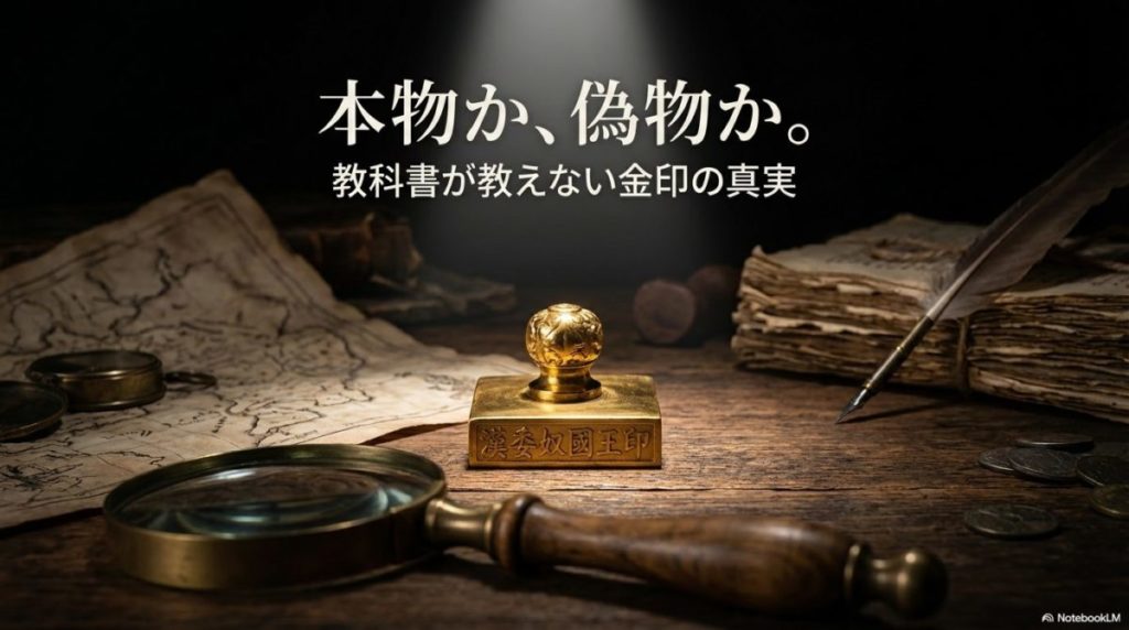 暗い書斎でスポットライトに照らされる国宝金印と、その印面を拡大する虫眼鏡。この記事のテーマである「金印と歴史書」にまつわる真贋論争の謎を象徴する一枚。