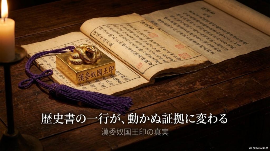歴史書『後漢書』の巻物の上に置かれた国宝金印。この記事のテーマである「金印と歴史書」の記述が物証によって証明される歴史のロマンを象徴する一枚。