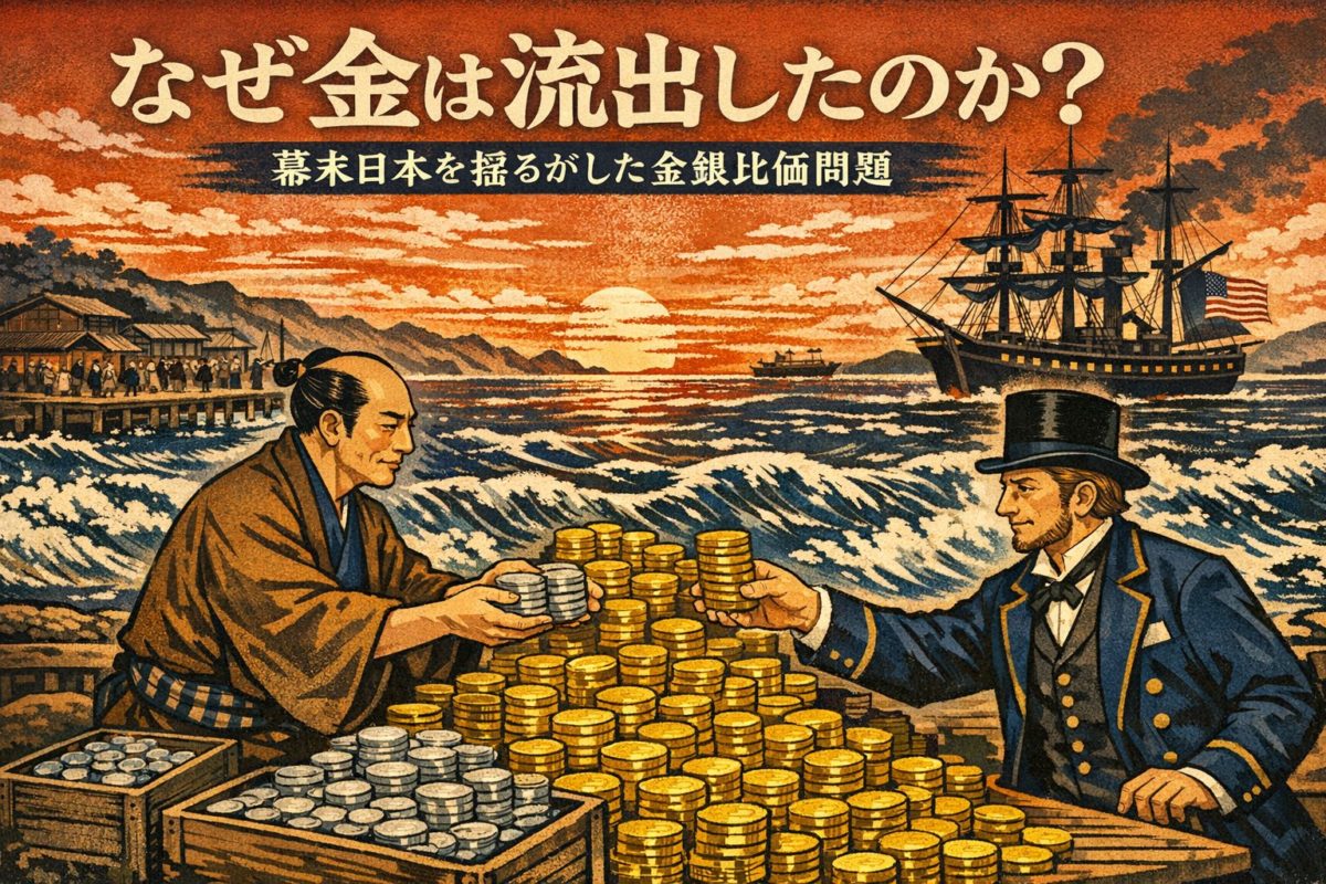 幕末の港で小判と銀貨を交換する商人を描いた浮世絵風の画像。この記事のテーマである「日本の金輸出の歴史」の中でも、特に幕末の金流出事件のドラマを象徴する一枚。