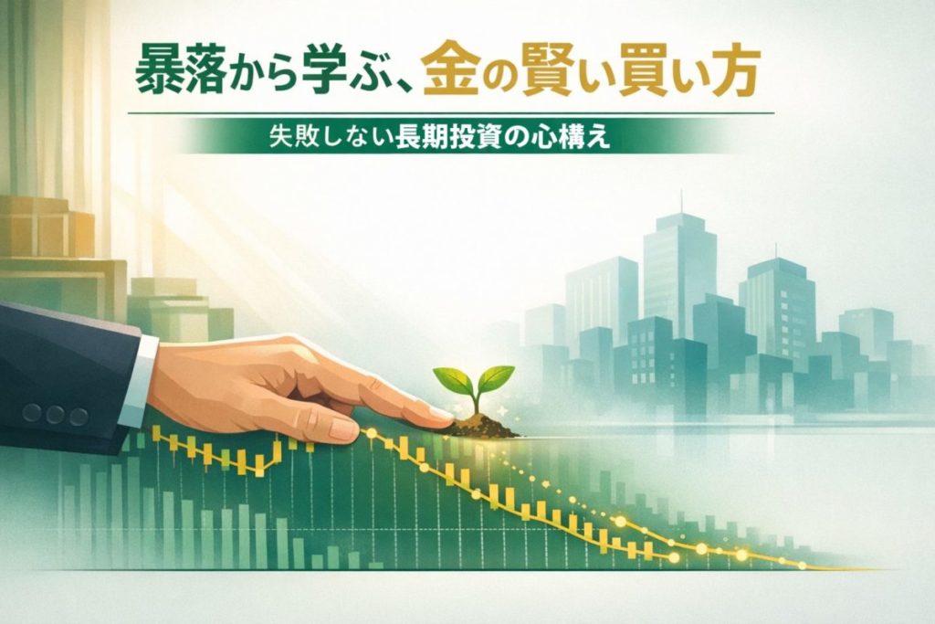 下降トレンドの金価格チャートの上に希望の芽が描かれた画像。この記事のテーマである「金 価格 暴落 歴史」から学び、長期投資の賢い心構えを持つことの重要性を象徴する一枚。