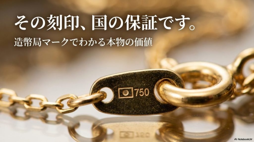 金ネックレスの留め具に刻印された日本国旗と「750」の造幣局ホールマークがクローズアップされている。この記事のテーマである「金 ネックレス 重さ 平均」の文脈で、ホールマークによる信頼性と資産価値の証明を強調する一枚。