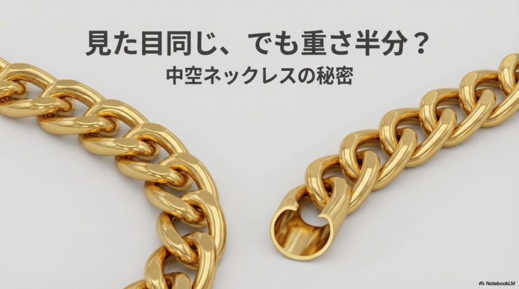 見た目は同じだが、片方がソリッド、もう片方が中空構造である金ネックレスが並べられ、中空部分が示唆されている。この記事のテーマである「金 ネックレス 重さ 平均」の文脈で、中空構造の謎と、それによる重量の違いを視覚的に訴えかける一枚。