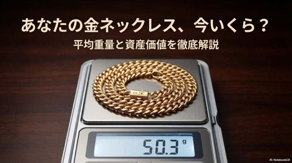 精密なデジタルスケールに乗せられ、重さが表示されているK18喜平ネックレス。この記事のテーマである「金 ネックレス 重さ 平均」の資産価値と正確な重量測定の重要性を象徴する一枚。