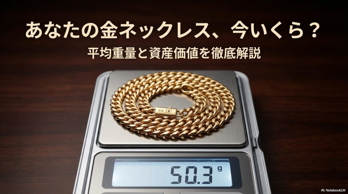 精密なデジタルスケールに乗せられ、重さが表示されているK18喜平ネックレス。この記事のテーマである「金 ネックレス 重さ 平均」の資産価値と正確な重量測定の重要性を象徴する一枚。