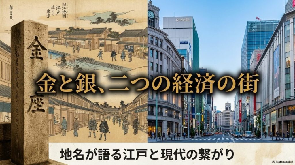 左に古地図と金座跡の碑、右に現代の銀座の街並みが対比的に描かれた画像。この記事のテーマである「金座 銀座 歴史」を、時代と場所の対比から象徴する一枚。
