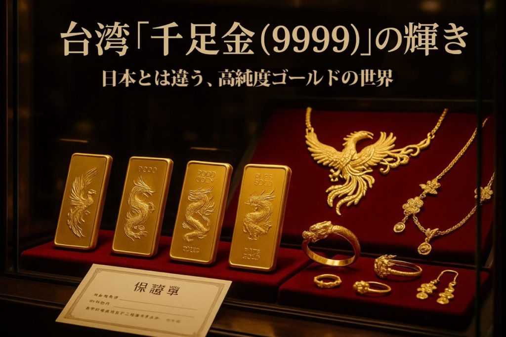 台湾の宝飾店のようなきらびやかなショーケースに並んだ千足金ジュエリー。この記事のテーマである「台湾 金 純度」の異文化的な背景を象徴する一枚。
