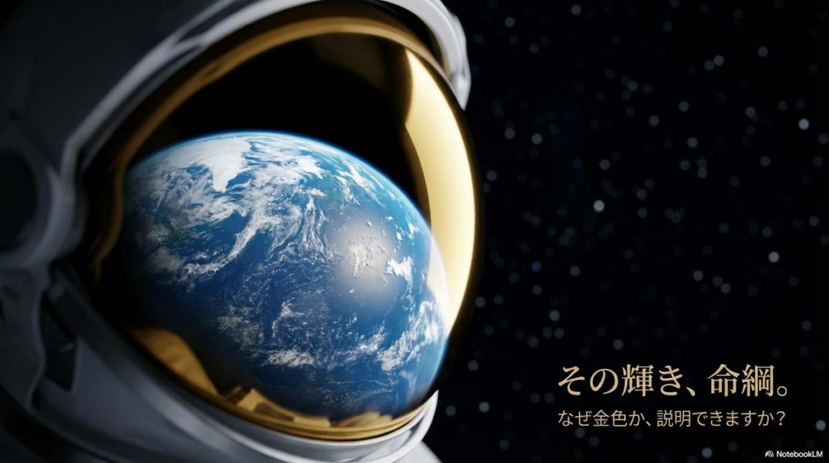 宇宙空間に浮かぶ宇宙服のヘルメットのバイザーのクローズアップ。バイザーに地球が映り込んでおり、この記事のテーマである「宇宙服 ヘルメット 金」の科学的理由を象徴する一枚。