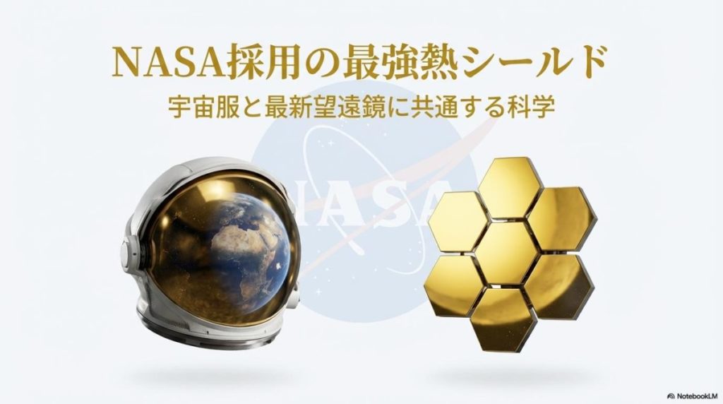 NASAのロゴを背景に、左に宇宙服のヘルメット、右にジェームズ・ウェッブ宇宙望遠鏡の金色の鏡が並んでいる。この記事のテーマ「宇宙服 ヘルメット 金」がNASAの信頼性の高い技術であることを示す一枚。