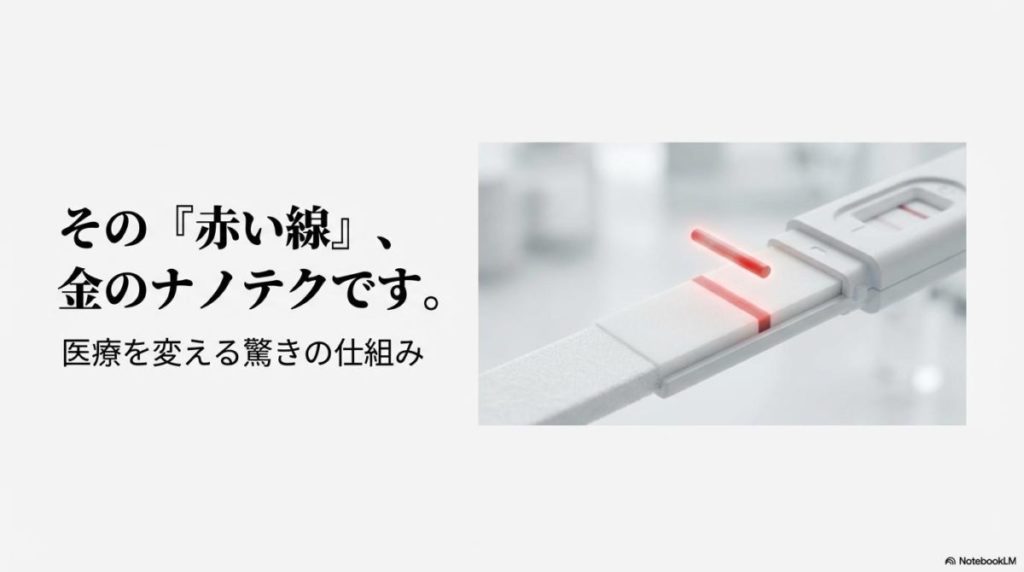 陽性反応で赤い線が輝く検査薬のクローズアップ写真。この記事のテーマである「金 ナノ粒子 医療」の最も身近な応用例を象徴する一枚。