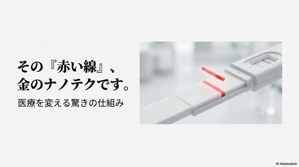 陽性反応で赤い線が輝く検査薬のクローズアップ写真。この記事のテーマである「金 ナノ粒子 医療」の最も身近な応用例を象徴する一枚。