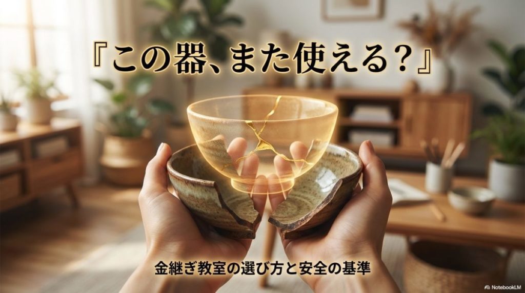 割れた器を心配そうに見つめる女性の手元に、金継ぎで修復されたイメージが重なる。金継ぎ やり方 教室に関する記事の、初心者が抱く不安と解決への期待を表現する一枚。