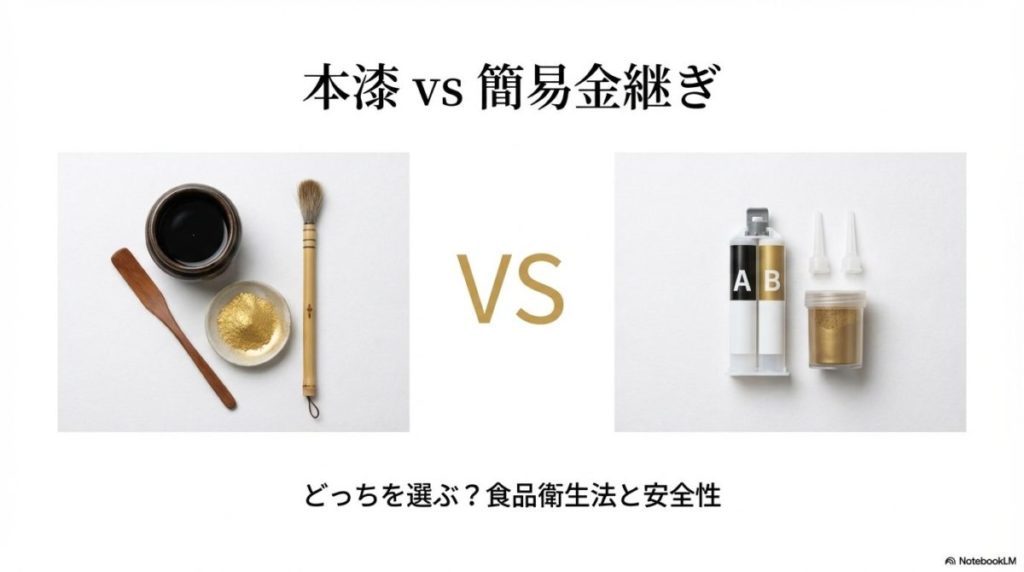 本漆金継ぎと簡易金継ぎの材料が左右に並べられ、比較されているインフォグラフィック。金継ぎ やり方 教室に関する記事の、材料と安全性の違いを明確に伝える一枚。