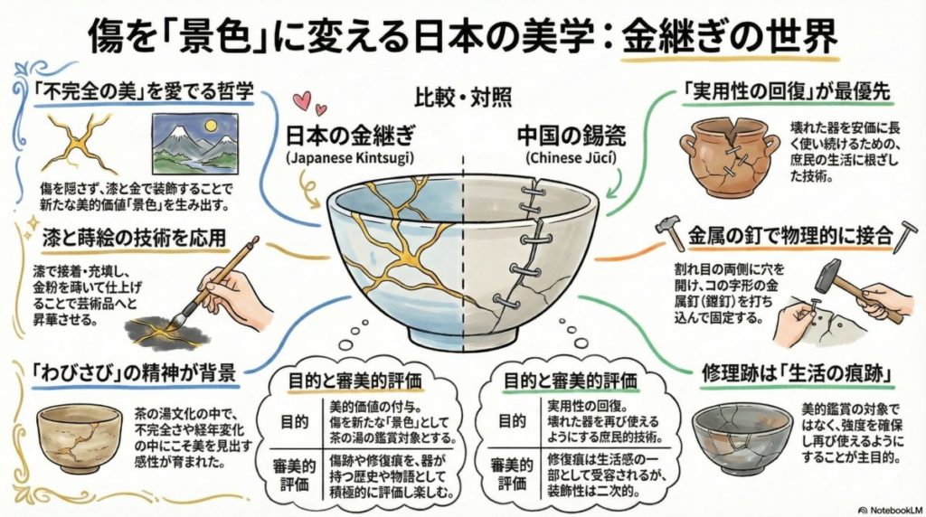 【金継ぎの歴史と中国の起源説に悩むあなたへ。なぜ日本では傷を「景色」と愛でるのか、その理由を徹底解説！】の図解