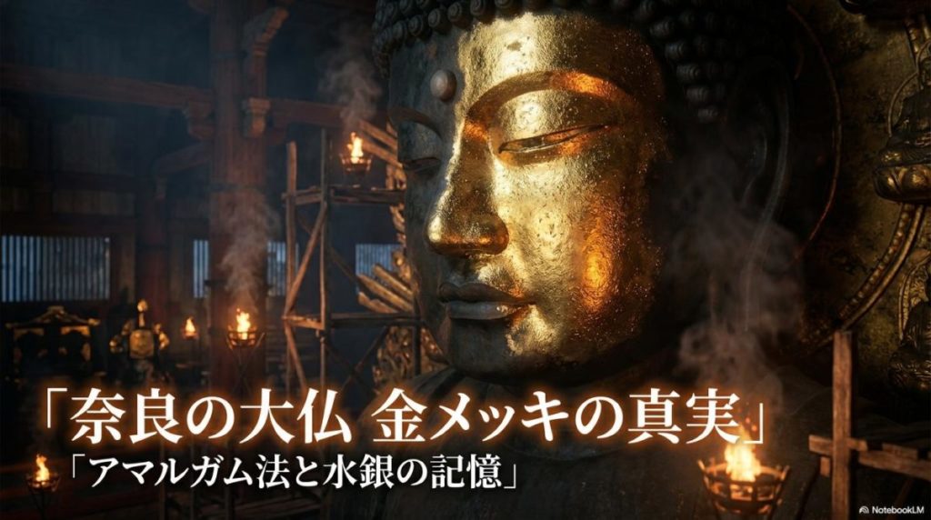 暗い堂内で黄金に輝き始める奈良の大仏。この記事のテーマである「奈良の大仏 金メッキ 方法」の歴史的背景とアマルガム法のプロセスを象徴する一枚。