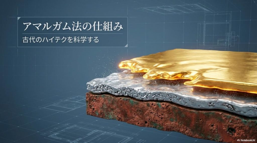 アマルガム法による金定着の仕組みを3Dで視覚化した図解。この記事のテーマである「奈良の大仏 金メッキ 方法」の化学的原理を分かりやすく伝える一枚。